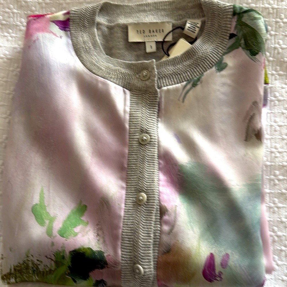 NWT Ted Baker Printed woven front Satin Cardigan Size 1